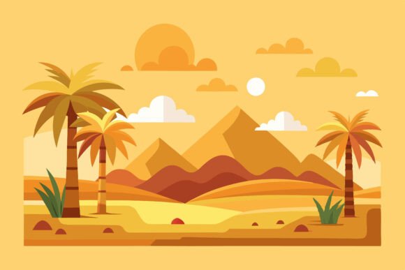 Egyptian Desert Panoramic View Cartoon Illustration