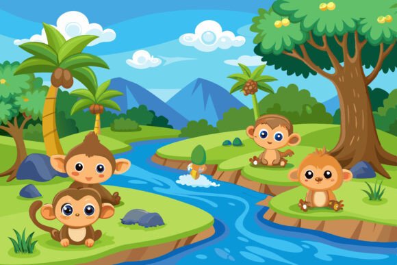 The Joyful Simplicity of Nature in Design: Group of Monkey Enjoying Nature